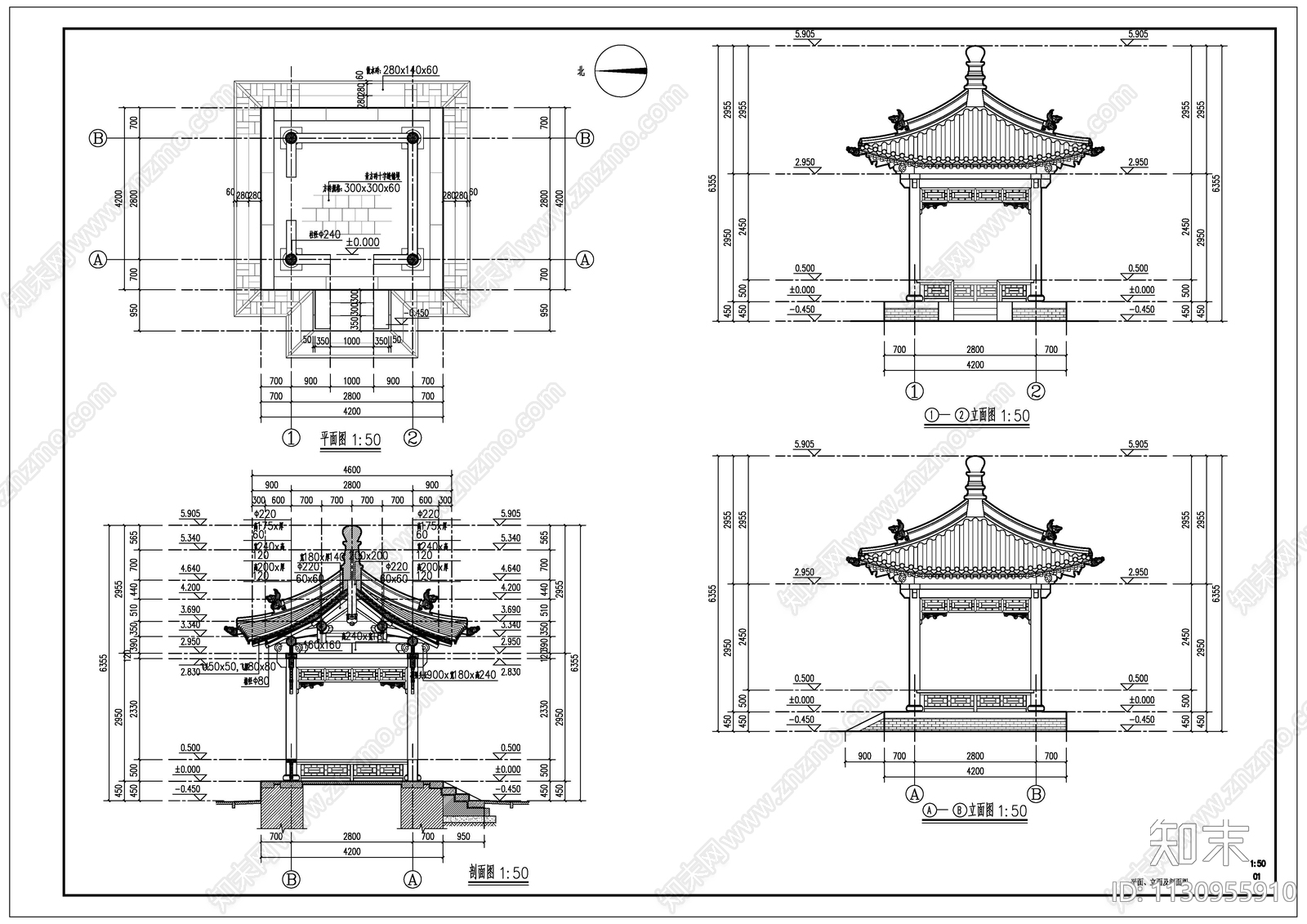 古建筑四角亭全套大样图cad施工图下载【ID:1130955910】