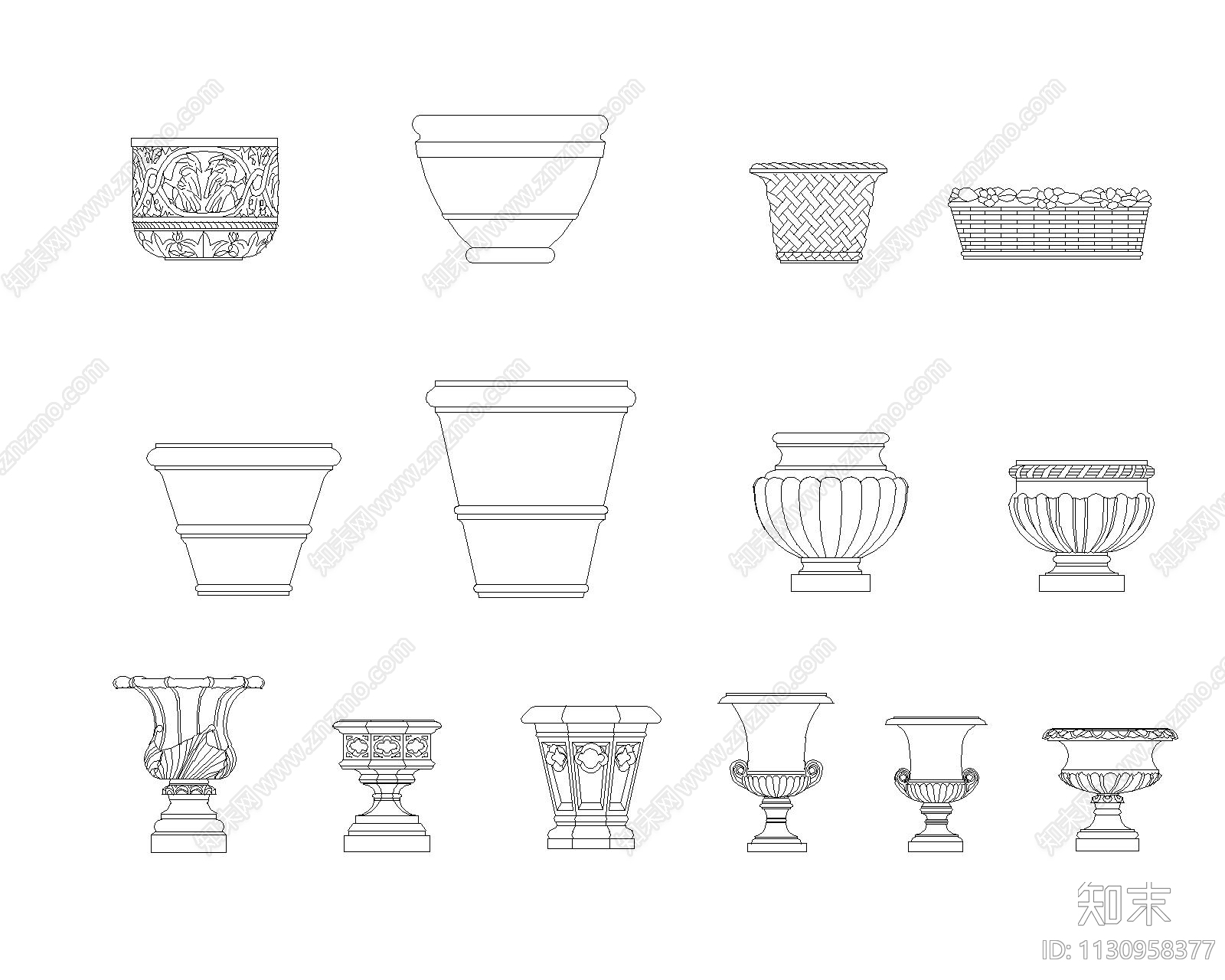 欧式花钵花盆cad施工图下载【ID:1130958377】