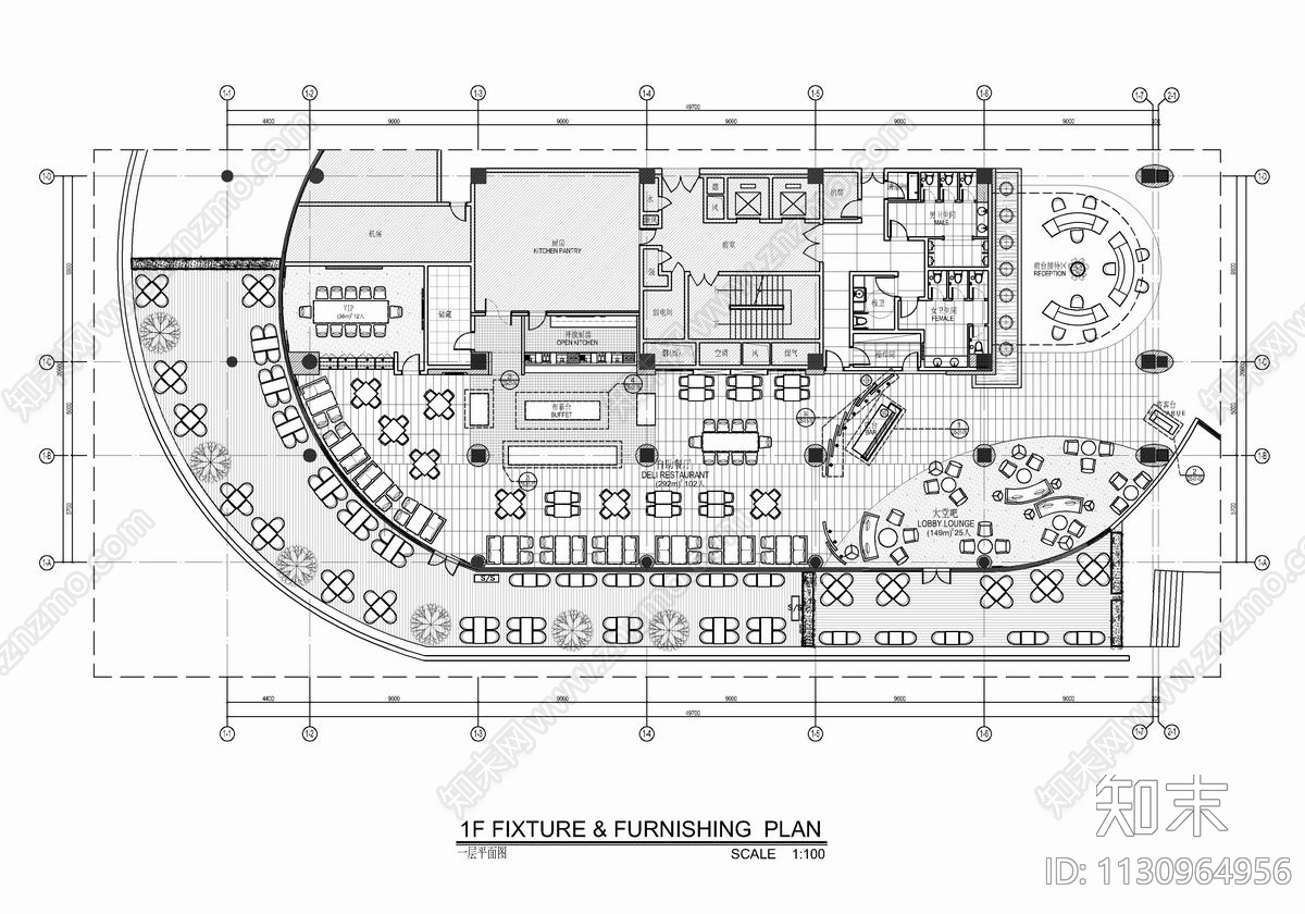 1500㎡自助餐厅cad施工图下载【ID:1130964956】