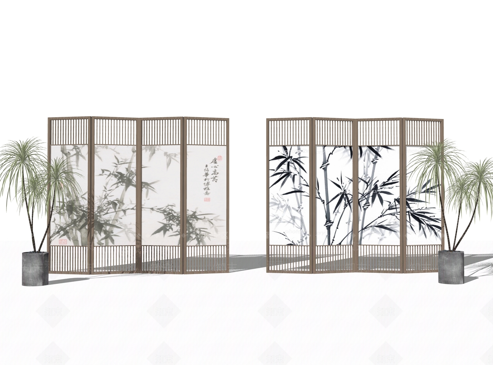 新中式竹子画屏风SU模型下载【ID:1130978852】