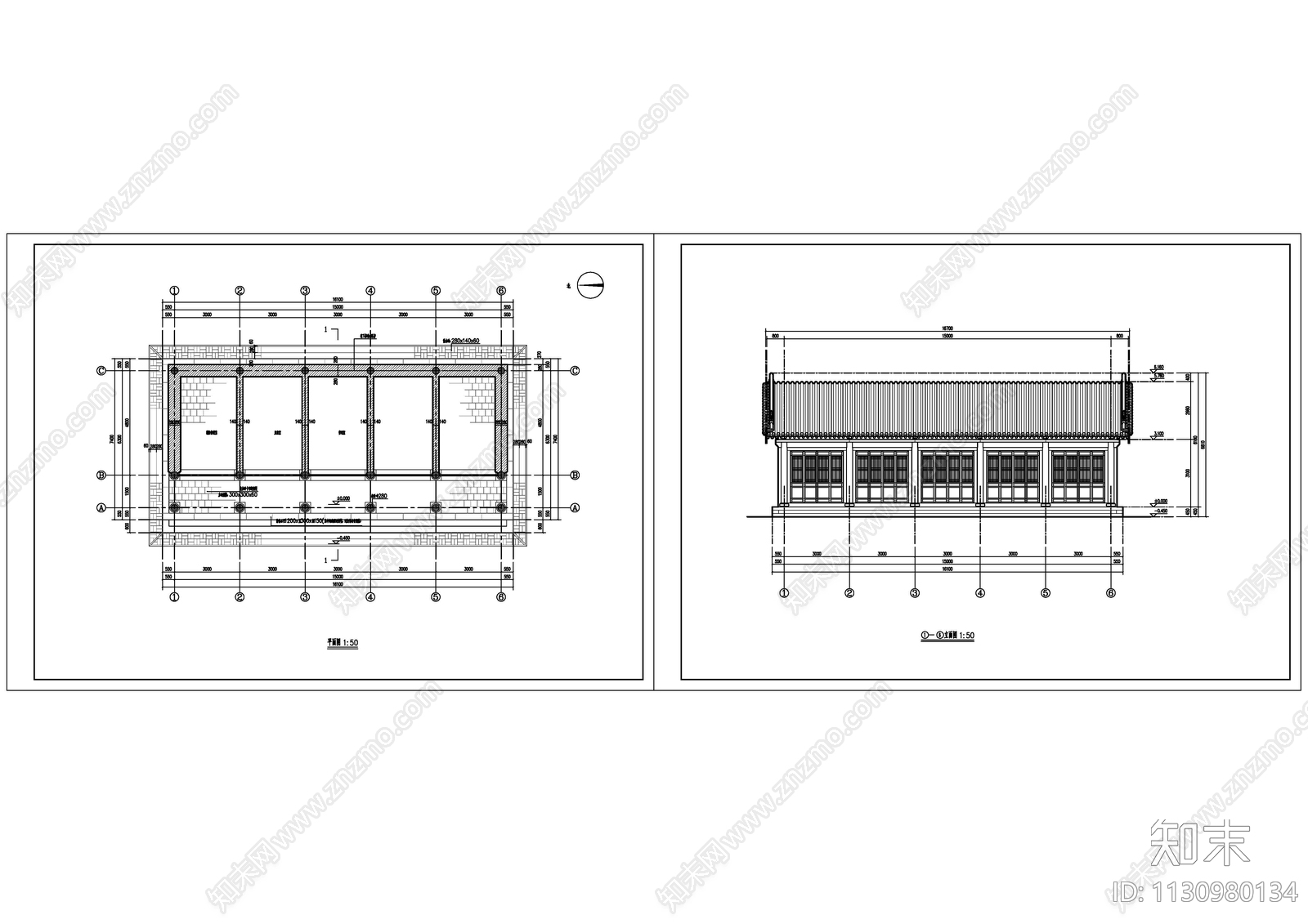 古建筑五间卷棚悬山顶cad施工图下载【ID:1130980134】