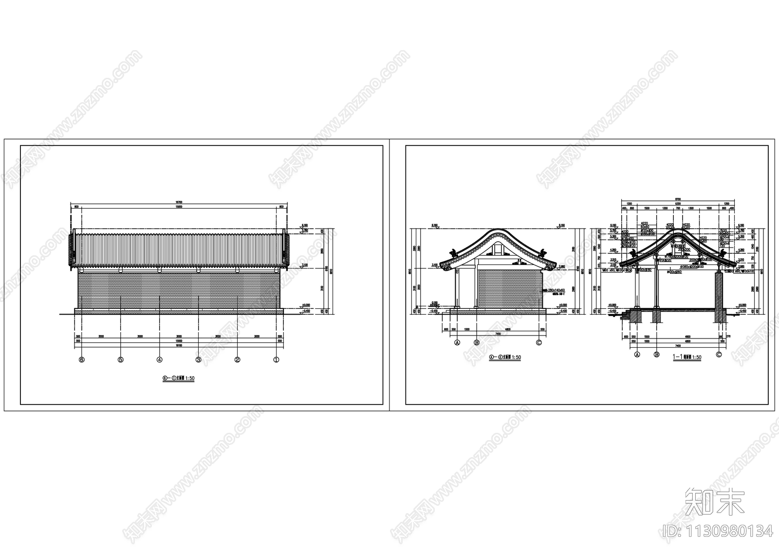 古建筑五间卷棚悬山顶cad施工图下载【ID:1130980134】