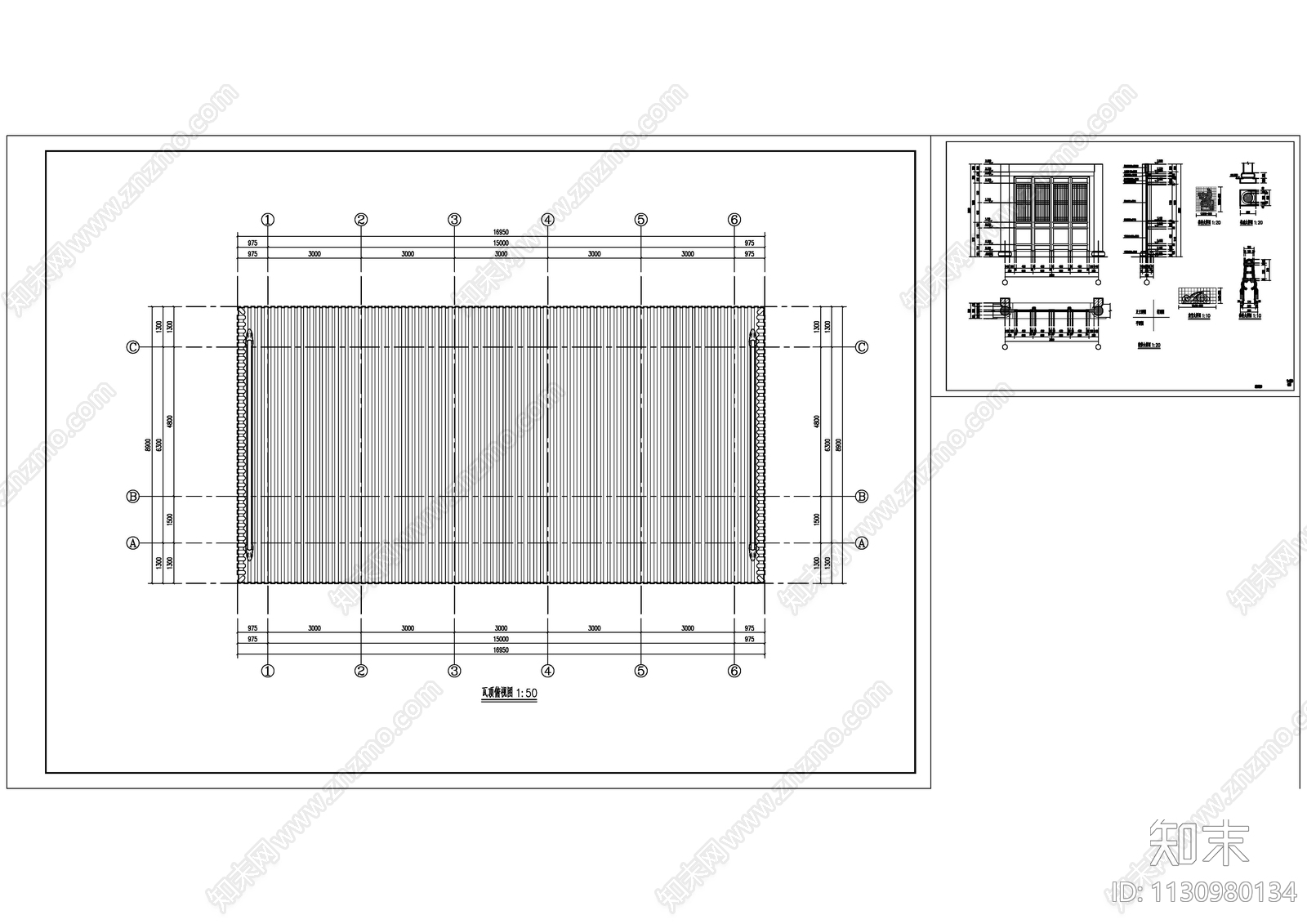 古建筑五间卷棚悬山顶cad施工图下载【ID:1130980134】