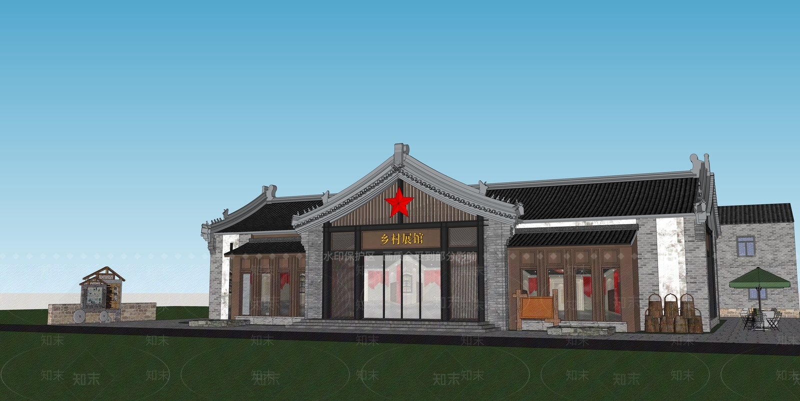 中式美丽乡村展馆SU模型下载【ID:1130995945】