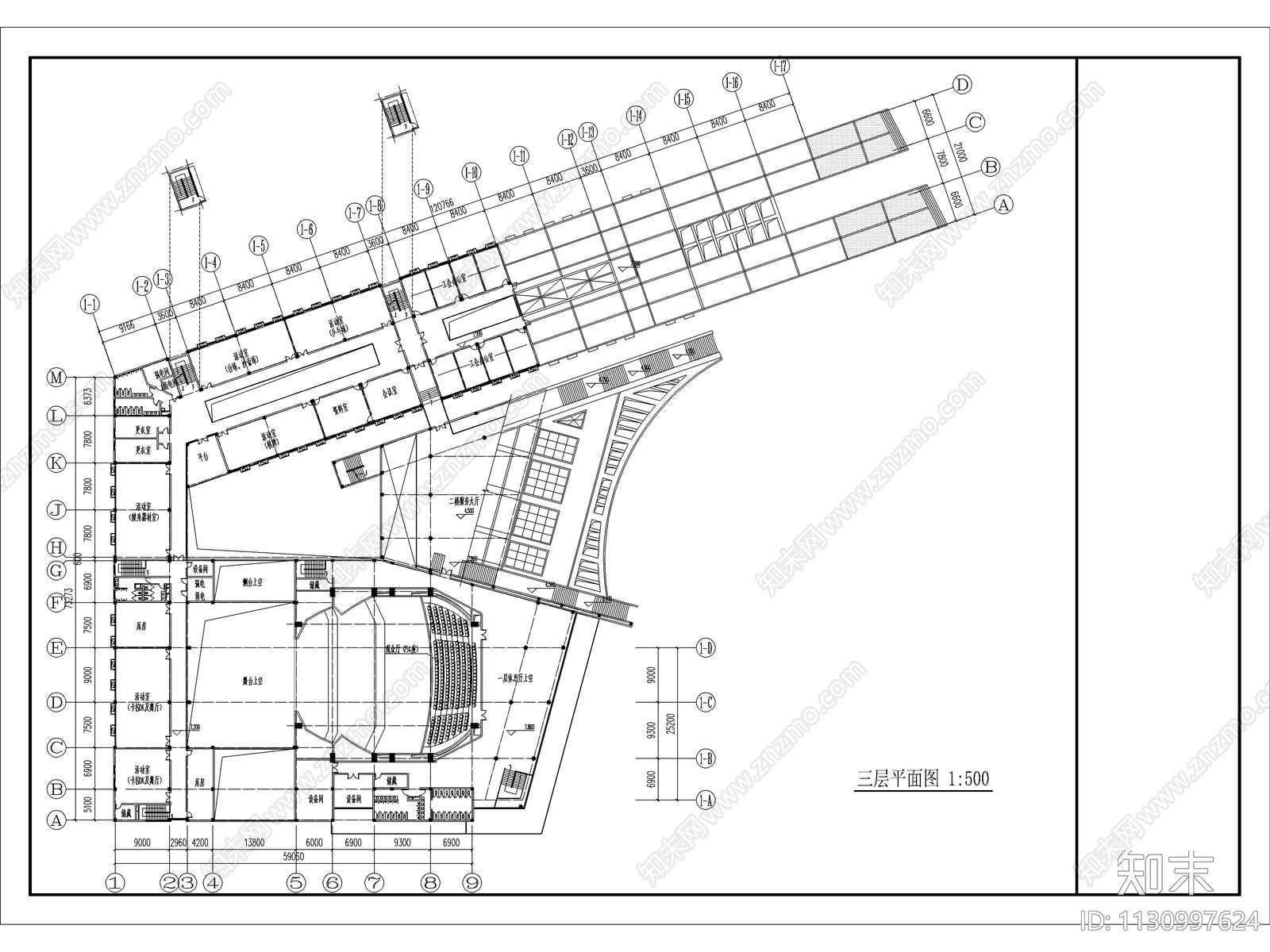 三层大学生活动服务中心建筑cad施工图下载【ID:1130997624】