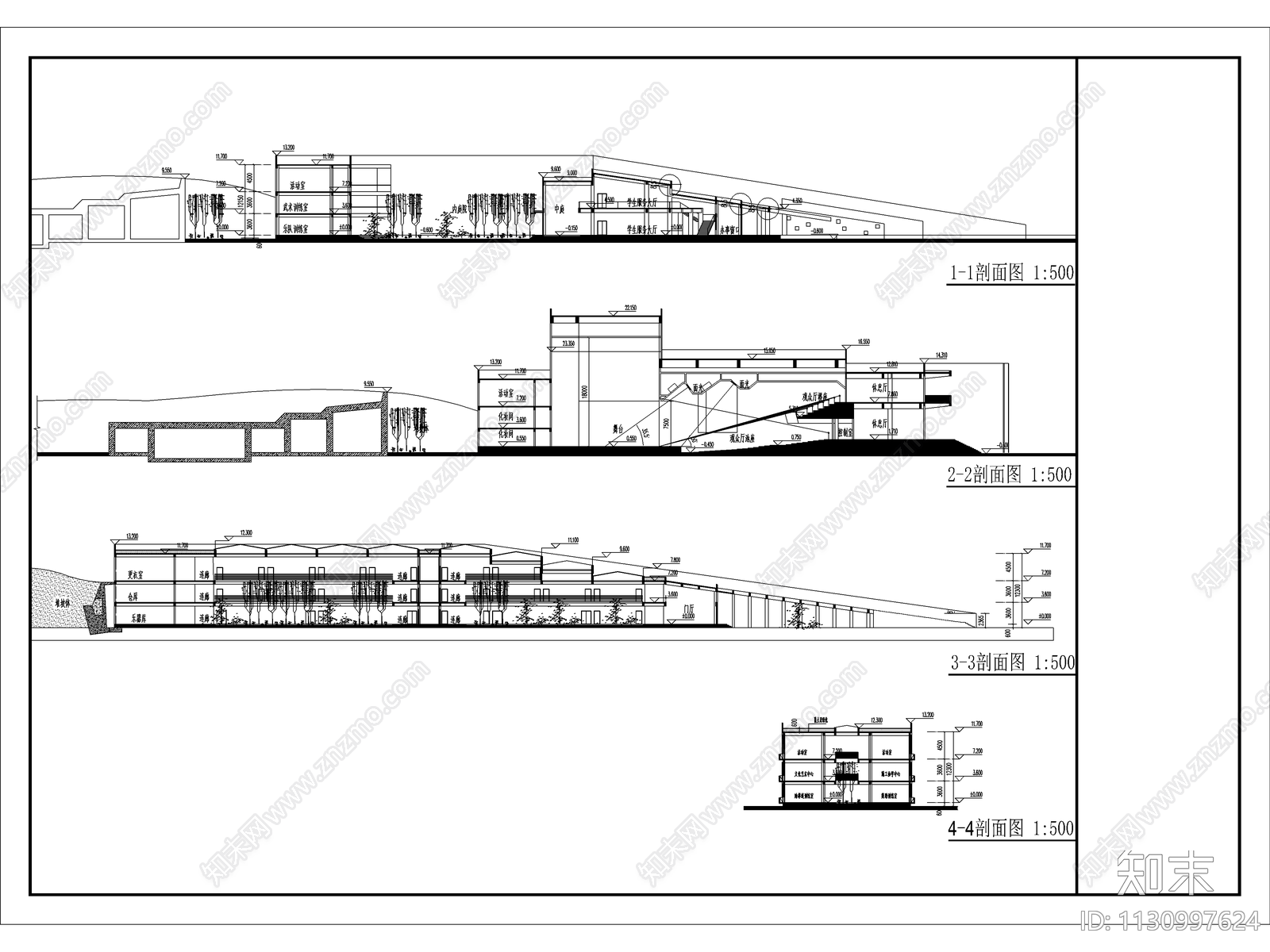 三层大学生活动服务中心建筑cad施工图下载【ID:1130997624】