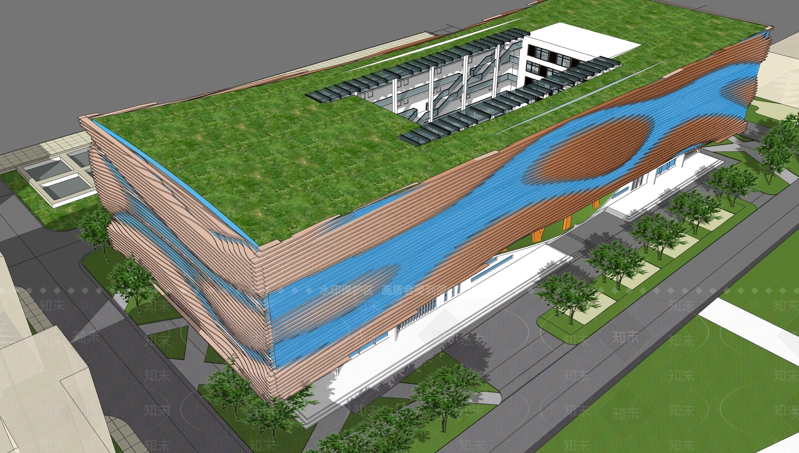 现代波浪起伏穿孔板展馆办公建筑SU模型下载【ID:1131003629】