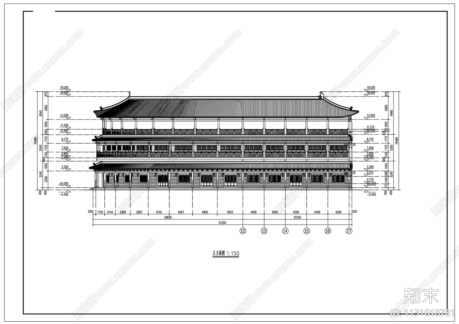 古建筑多功能综合服务楼建筑cad施工图下载【ID:1131018781】