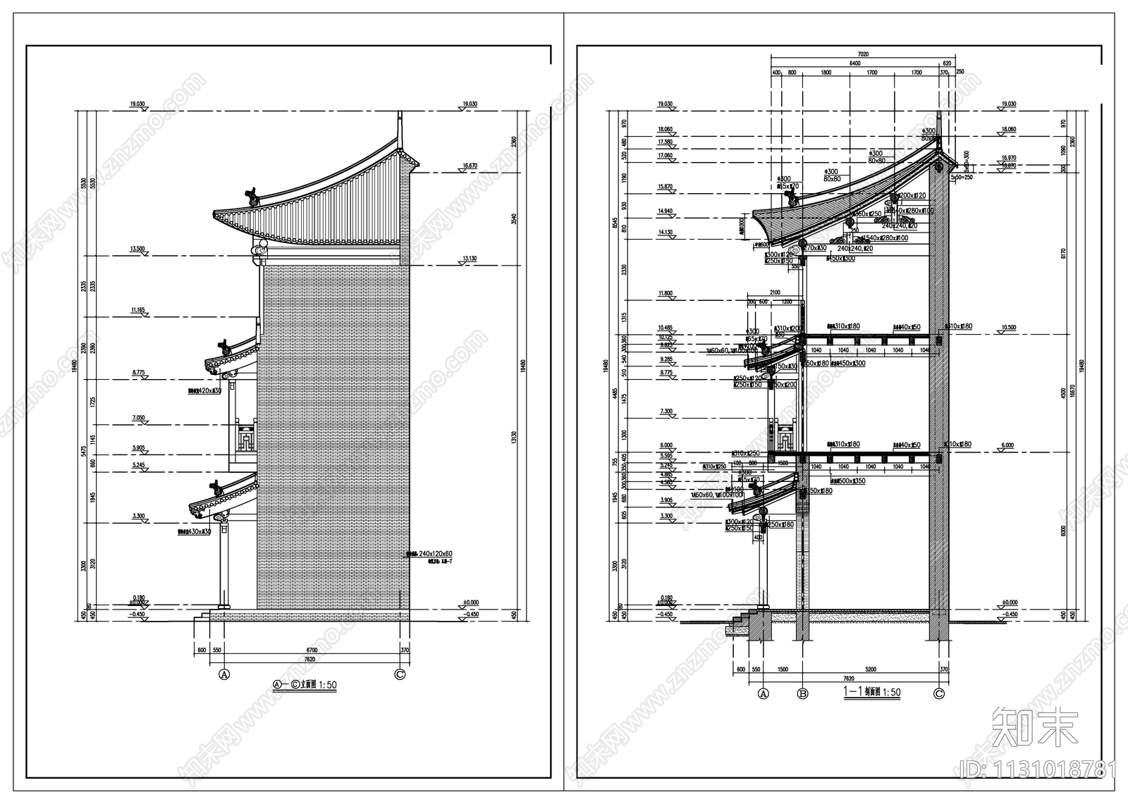 古建筑多功能综合服务楼建筑cad施工图下载【ID:1131018781】