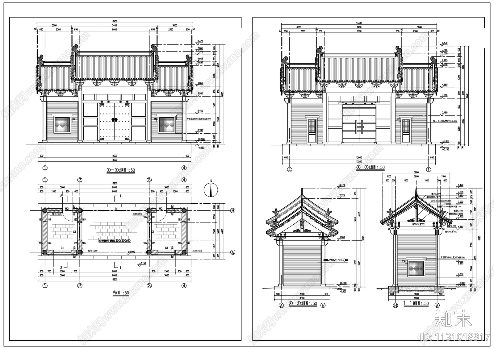 中式山门悬山高低山组合古建筑cad施工图下载【ID:1131018917】