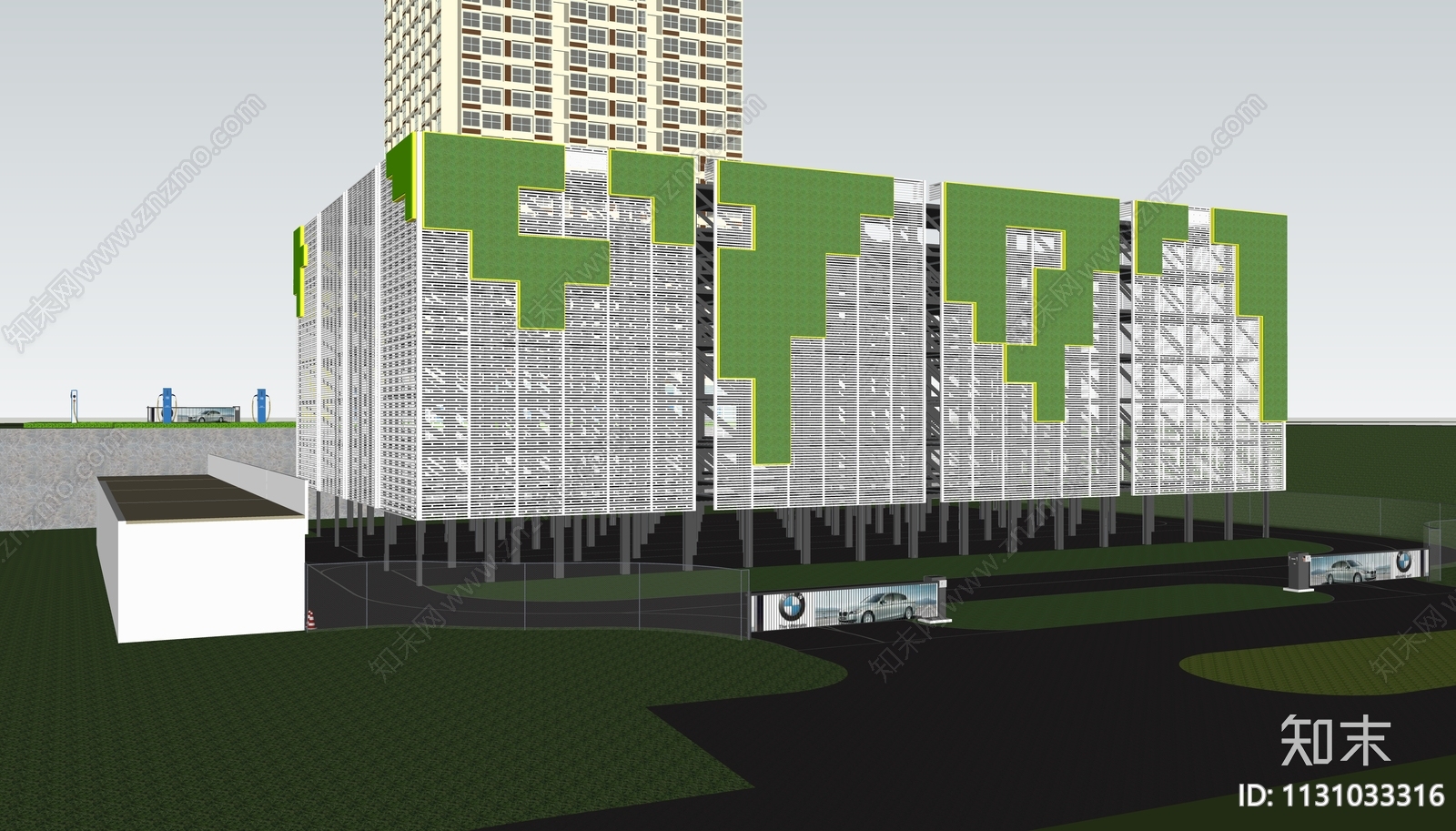 现代立体停车场立体绿化停车场洗车房修车房SU模型下载【ID:1131033316】