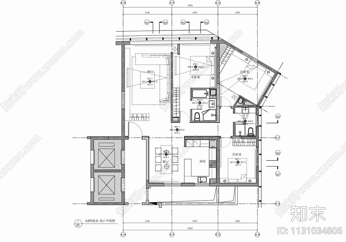 140㎡大平层样板房cad施工图下载【ID:1131034806】