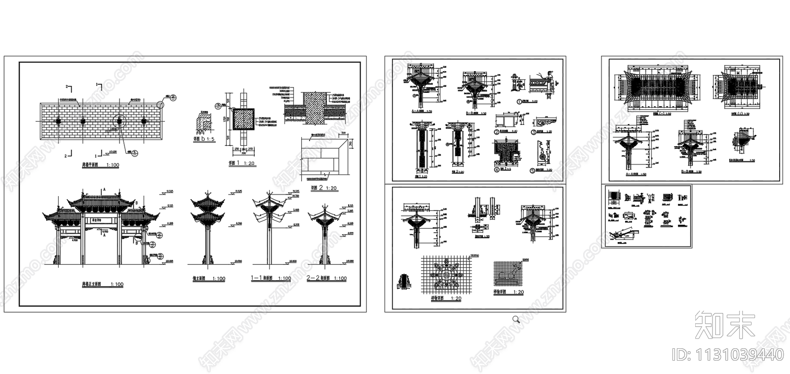 20个仿古牌楼牌坊建筑cad施工图下载【ID:1131039440】