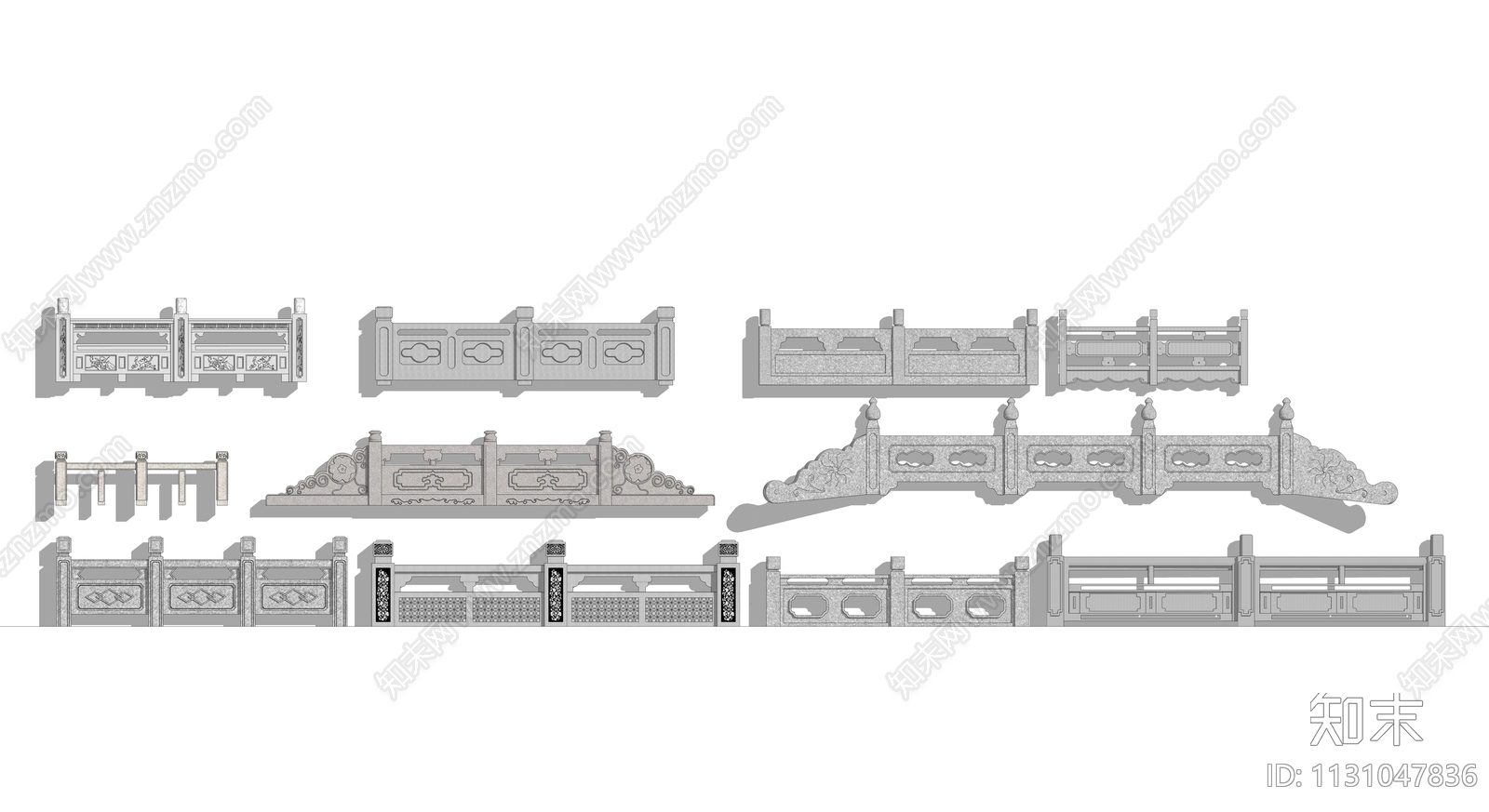 中式石材栏杆SU模型下载【ID:1131047836】