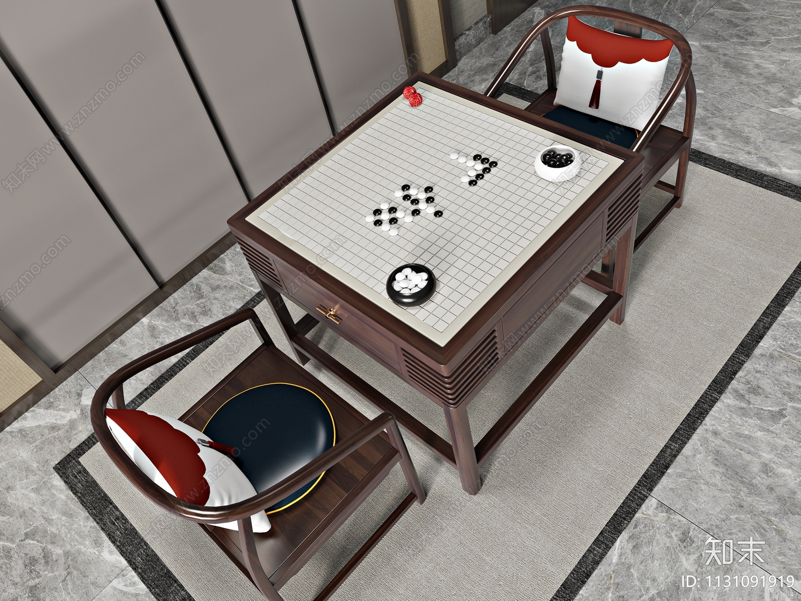 新中式围棋桌椅组合3D模型下载【ID:1131091919】