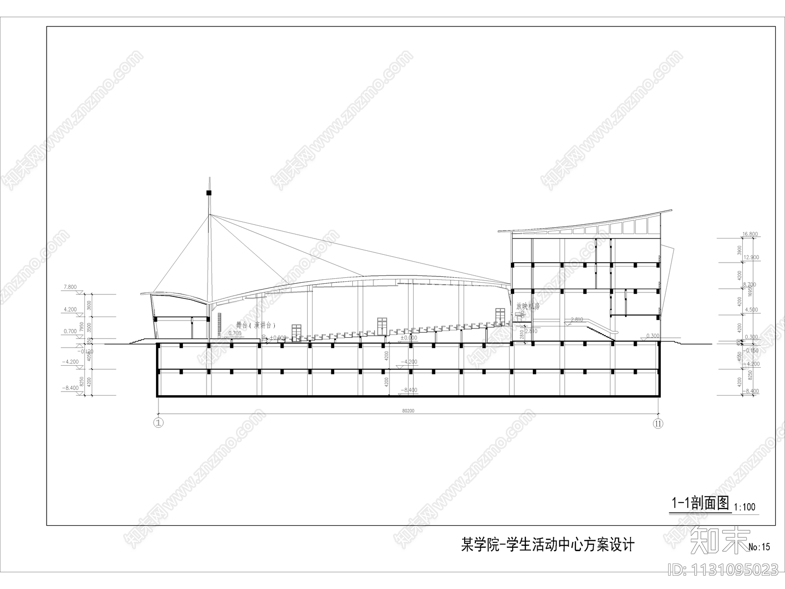 某学院四层学生活动中心建筑cad施工图下载【ID:1131095023】