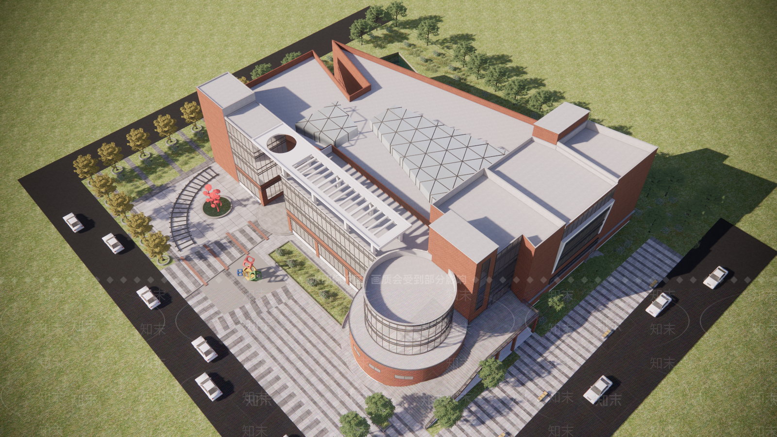 现代红砖展览馆建筑SU模型下载【ID:1132064810】