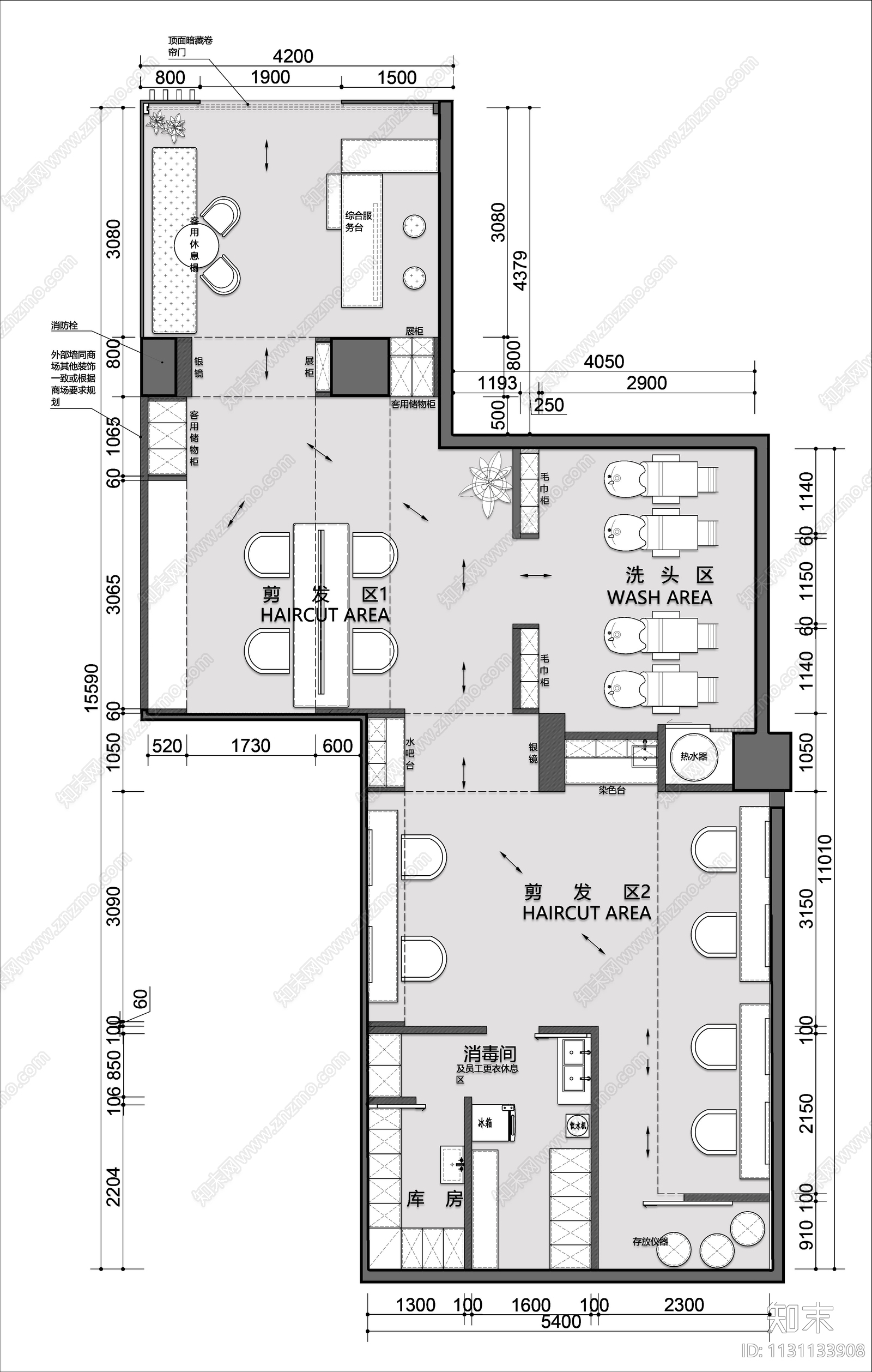 理发店平面布置图施工图下载【ID:1131133908】