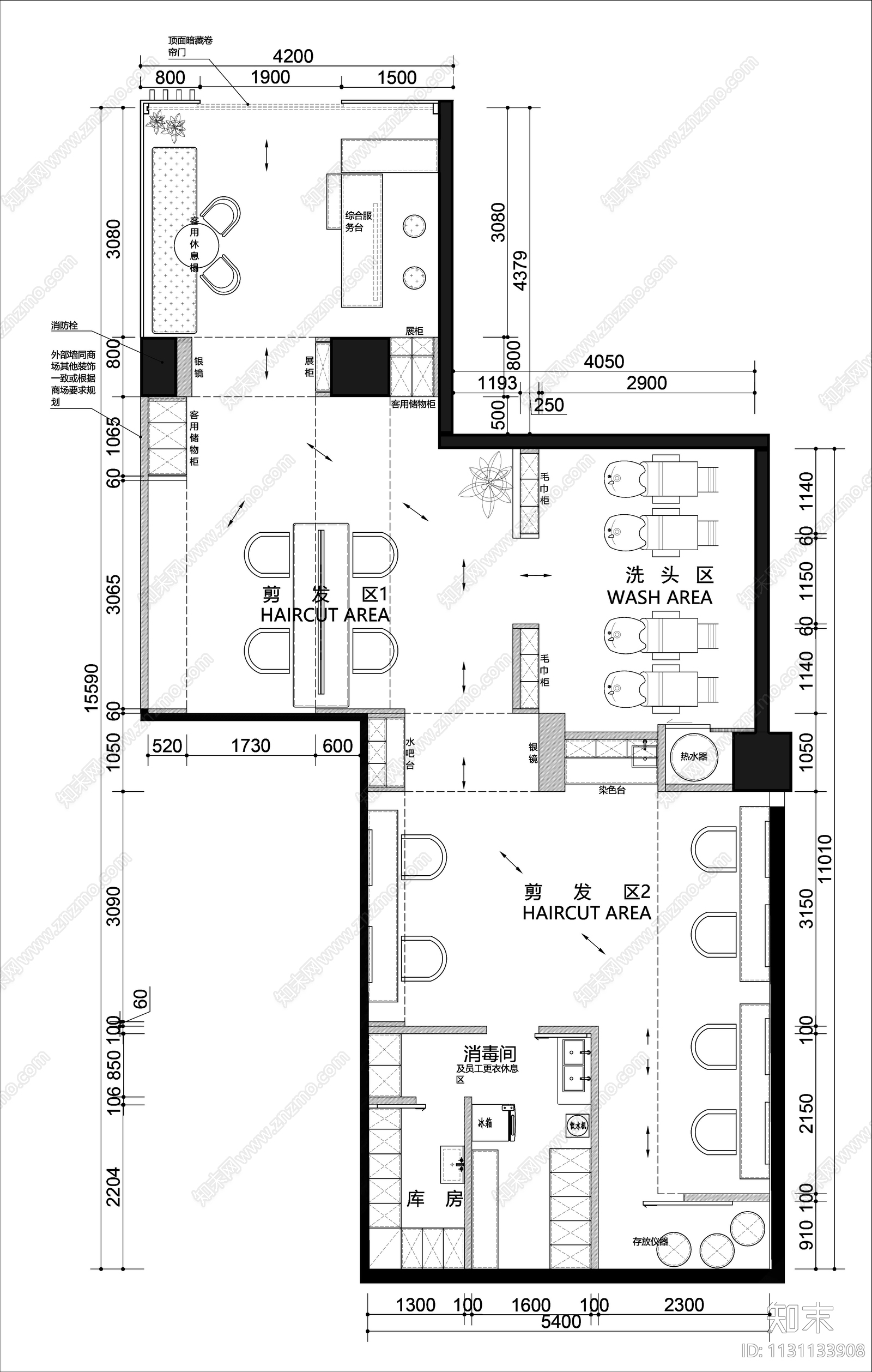 理发店平面布置图施工图下载【ID:1131133908】