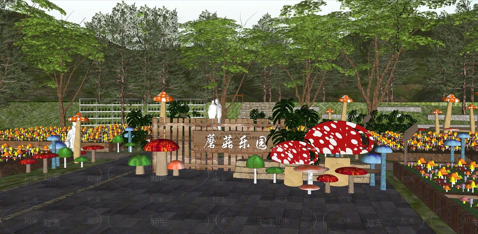 现代蘑菇公园景观SU模型下载【ID:1131134984】