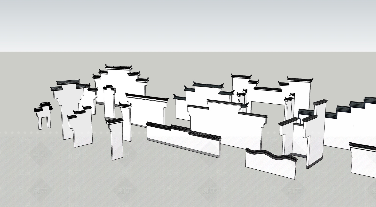 中式徽派建筑马头墙组件SU模型下载【ID:1131151389】