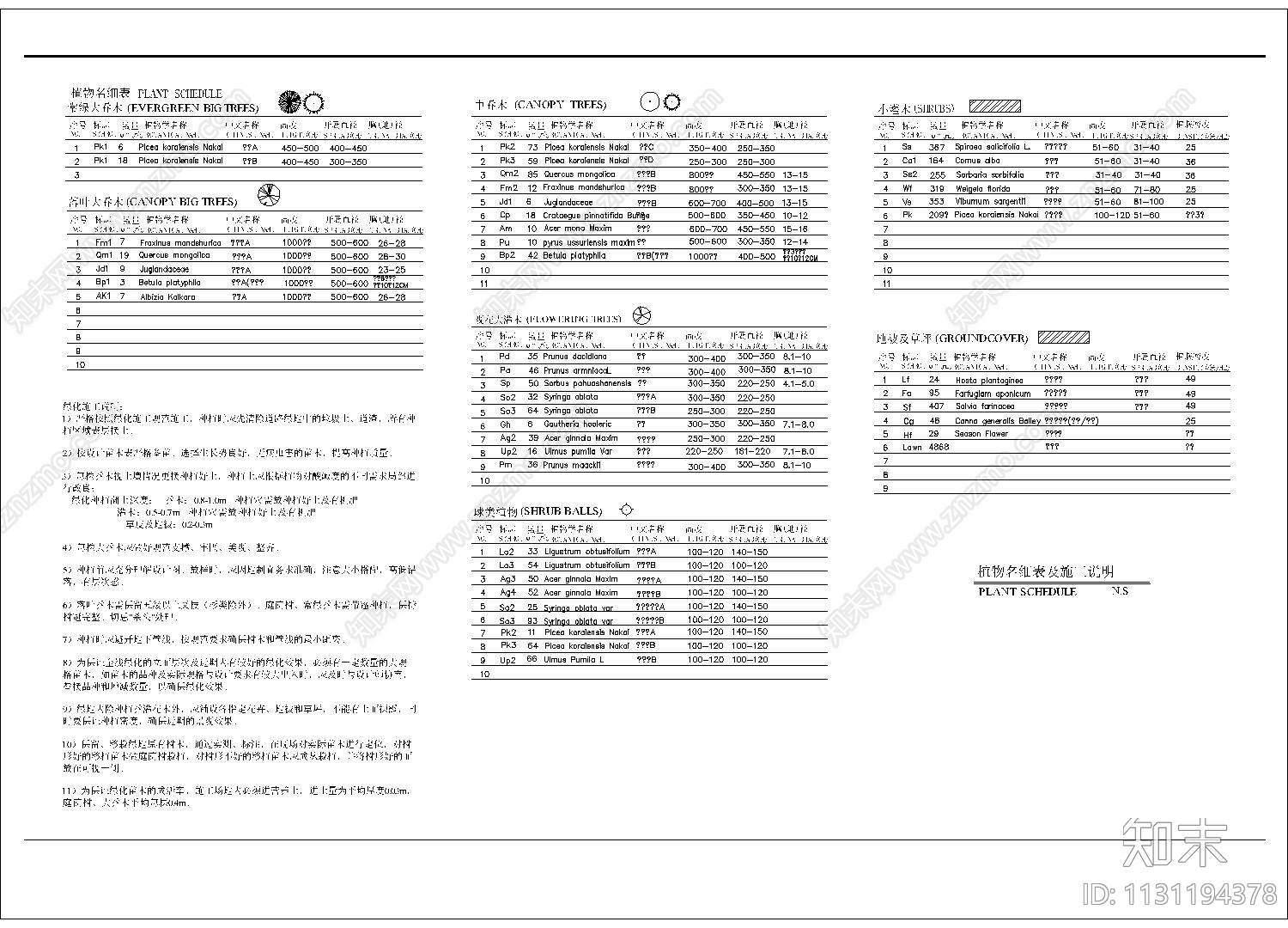 植物明细表及施工说明cad施工图下载【ID:1131194378】