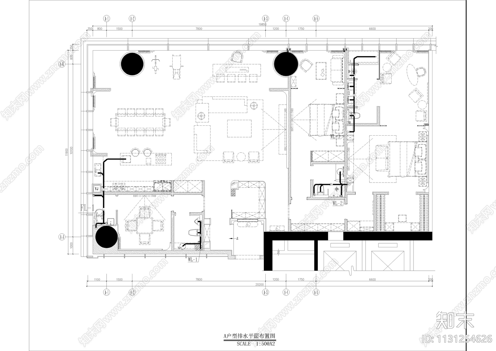 大平层室内给排水图cad施工图下载【ID:1131254626】