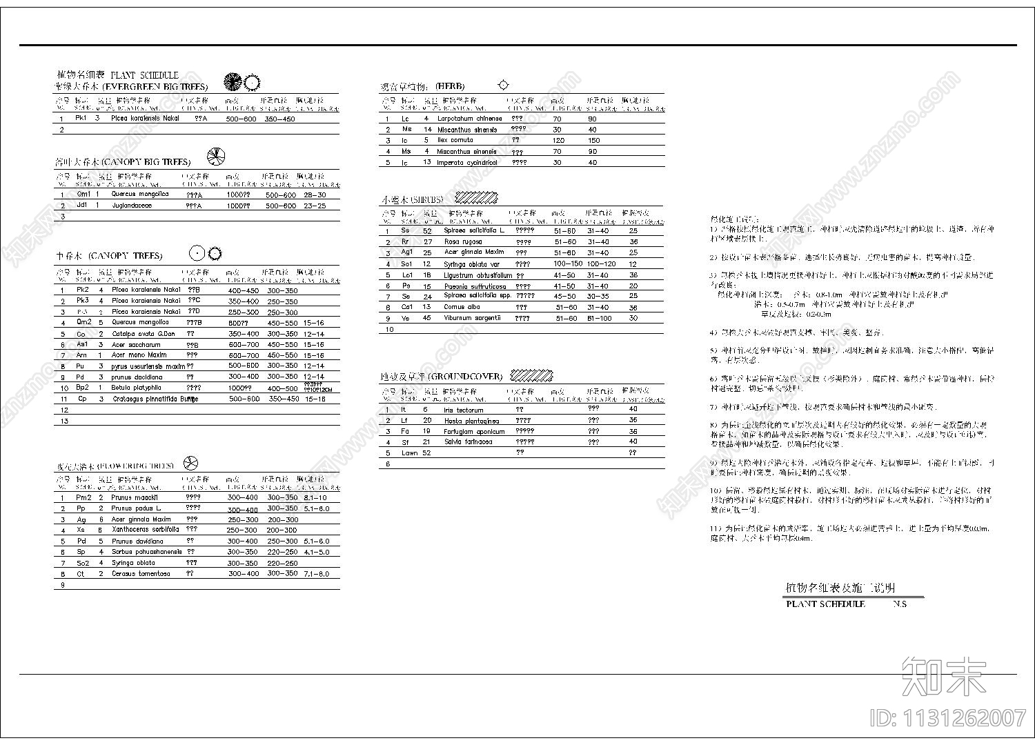 植物名细表及施工说明cad施工图下载【ID:1131262007】
