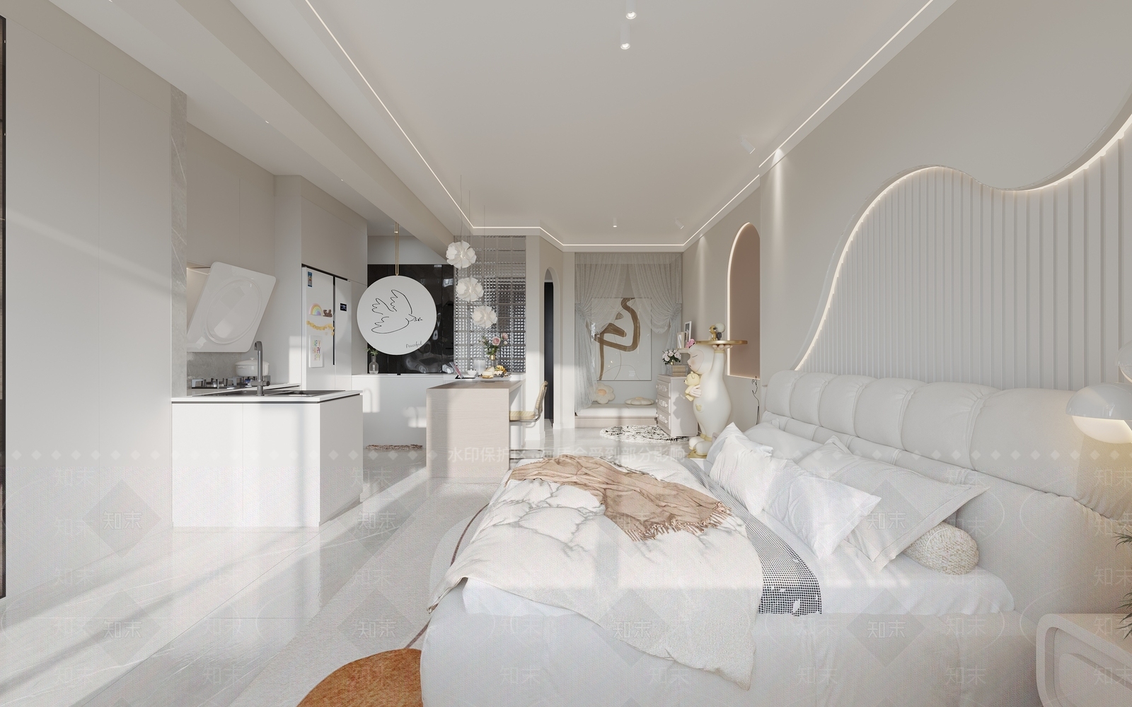 现代奶油风单身公寓3D模型下载【ID:1131265678】