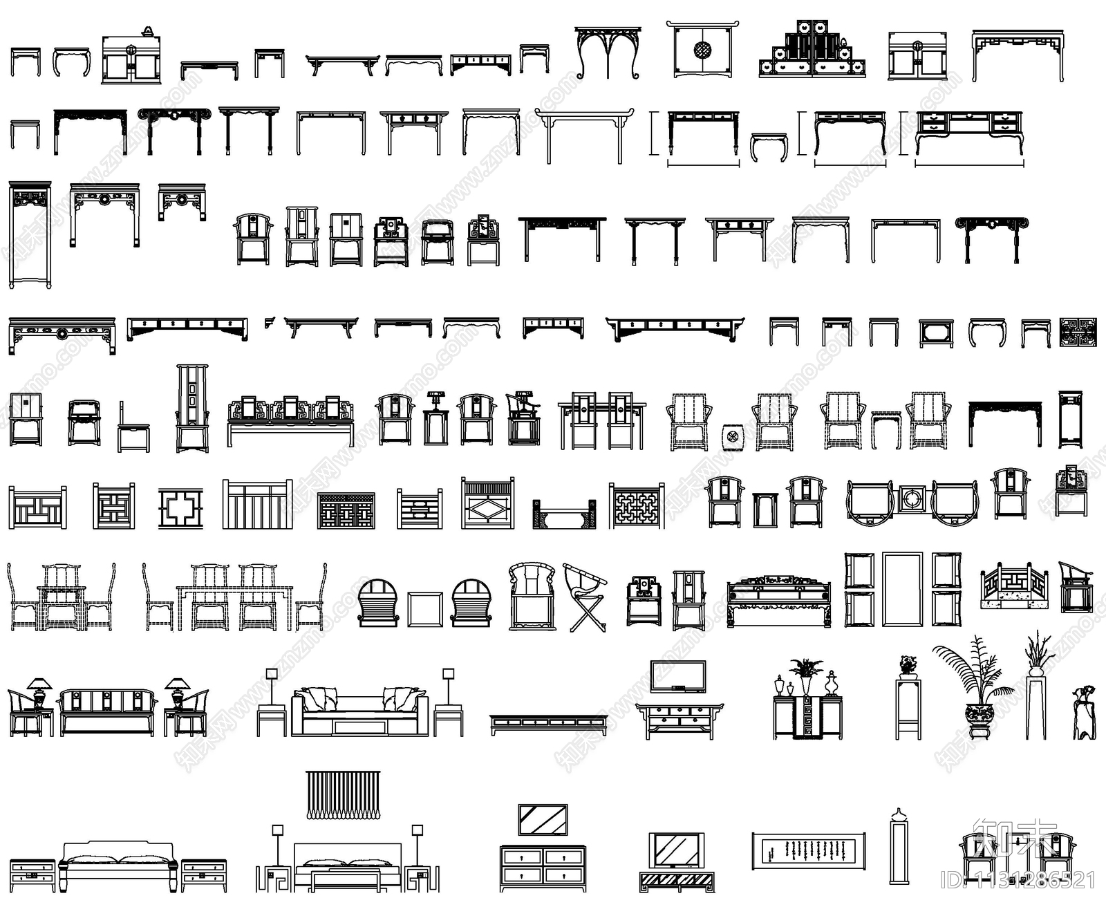 中式家具雕花构件施工图下载【ID:1131286521】