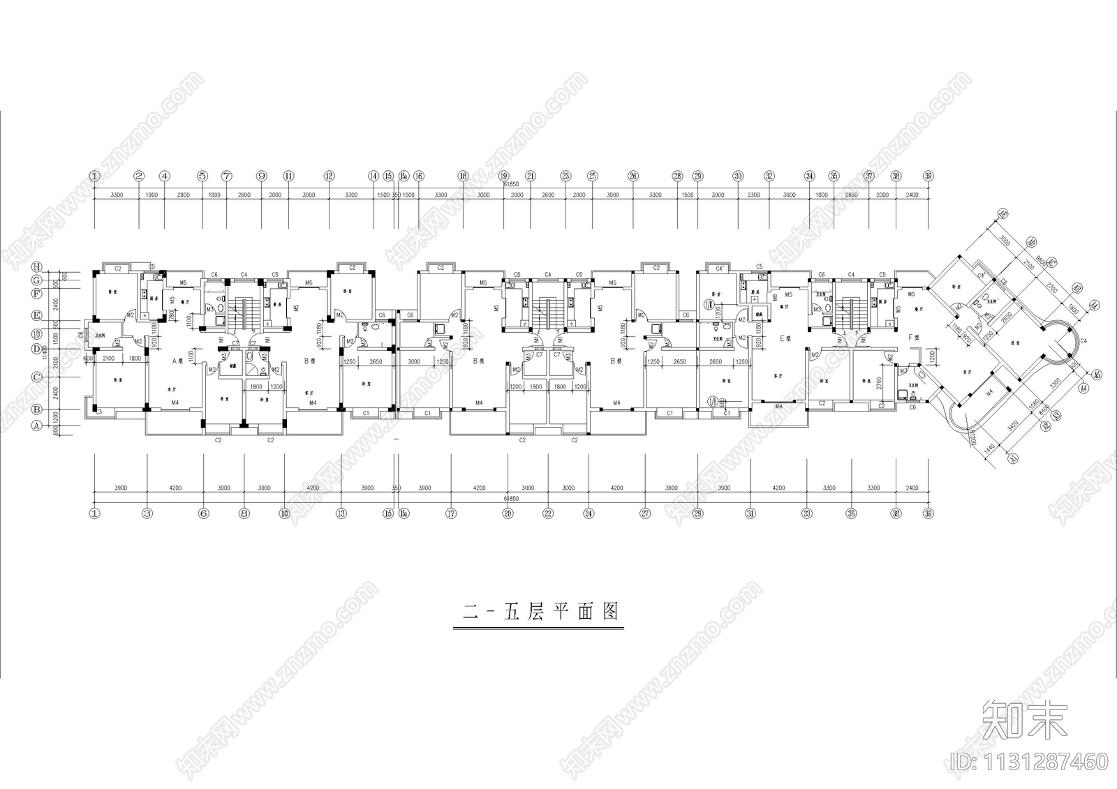 六层住宅楼建筑平面施工图下载【ID:1131287460】