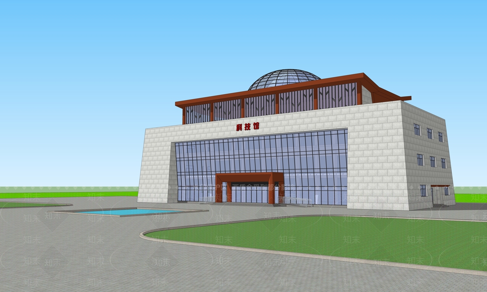 现代科技馆建筑SU模型下载【ID:1131300760】