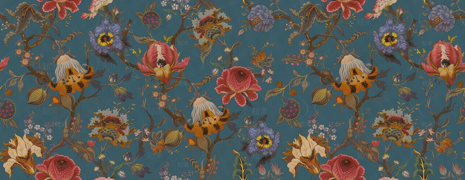 蓝色欧式花艺壁纸墙布贴图下载【ID:1131323610】