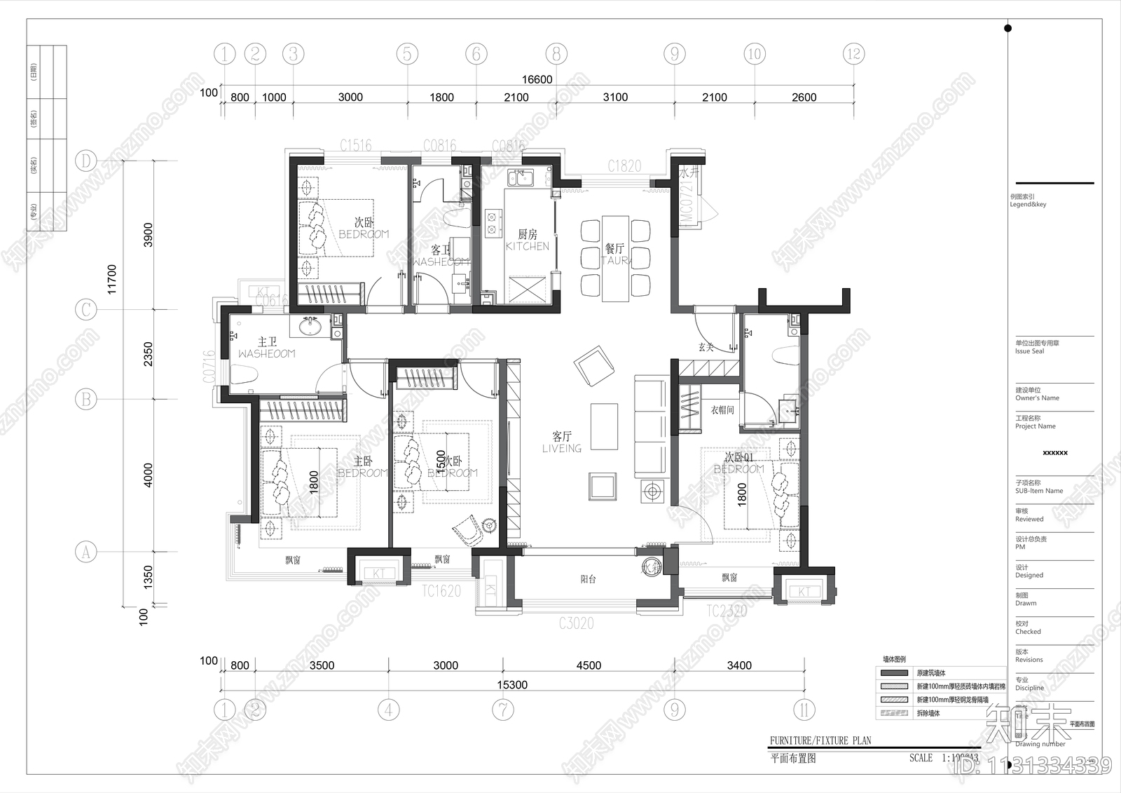 平层家装室内cad施工图下载【ID:1131334339】