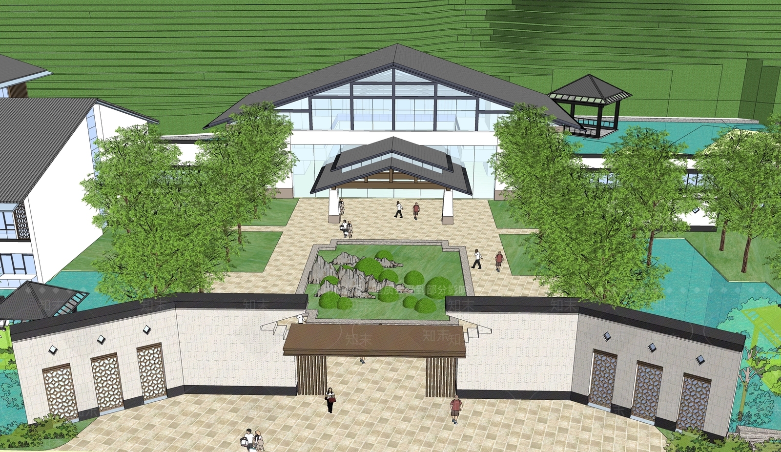 新中式徽派园林多层建筑养老院SU模型下载【ID:1131340925】