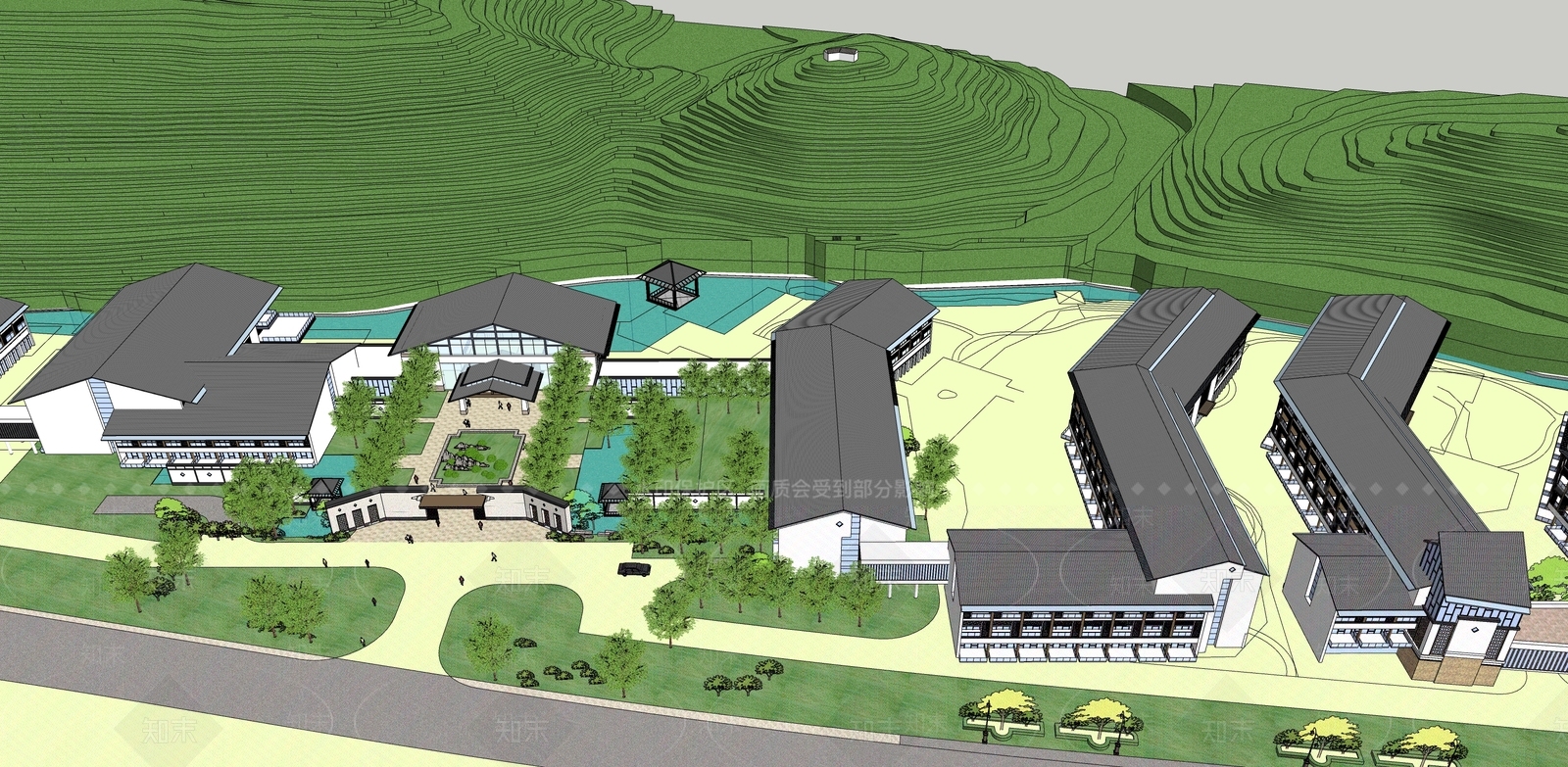 新中式徽派园林多层建筑养老院SU模型下载【ID:1131340925】