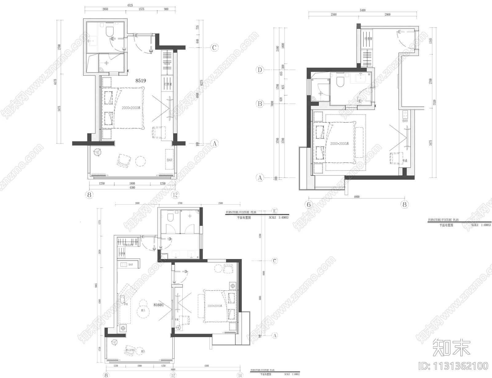 3套酒店客房整套cad施工图下载【ID:1131362100】