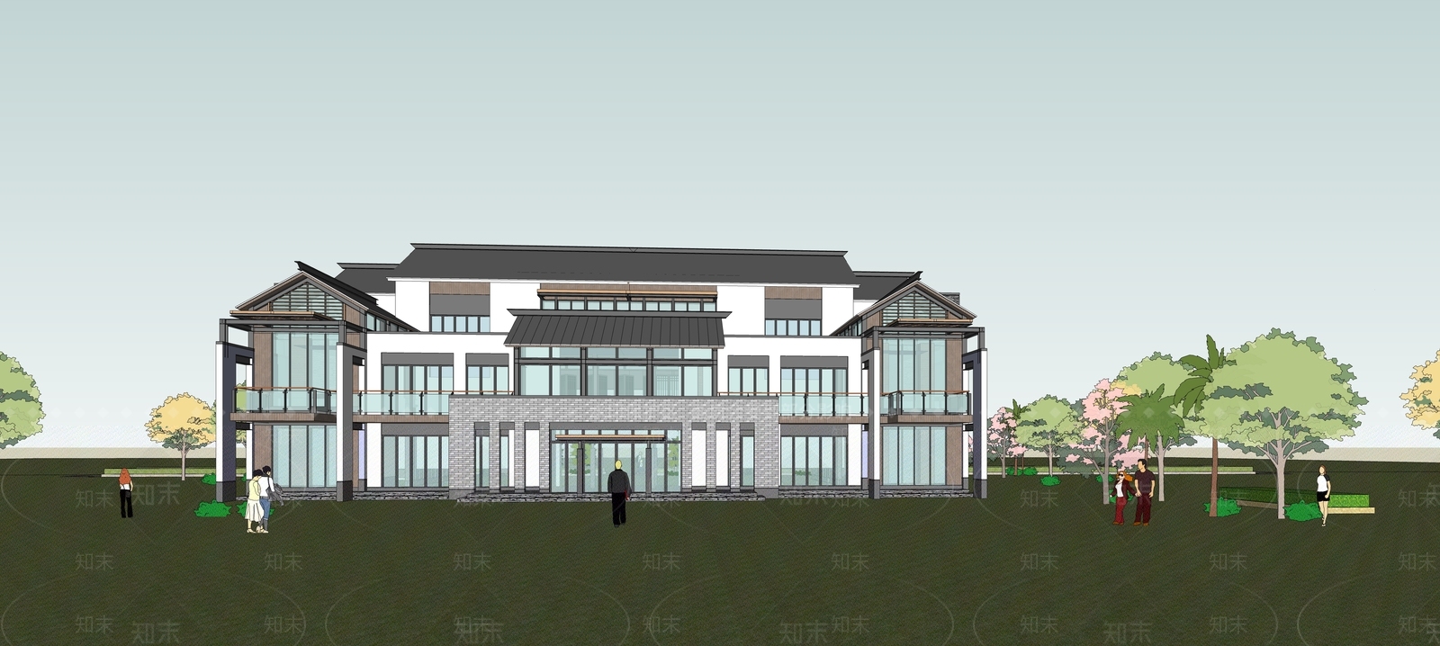 新中式展览馆建筑SU模型下载【ID:1131370027】