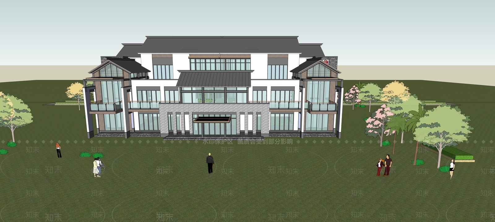 新中式展览馆建筑SU模型下载【ID:1131370027】