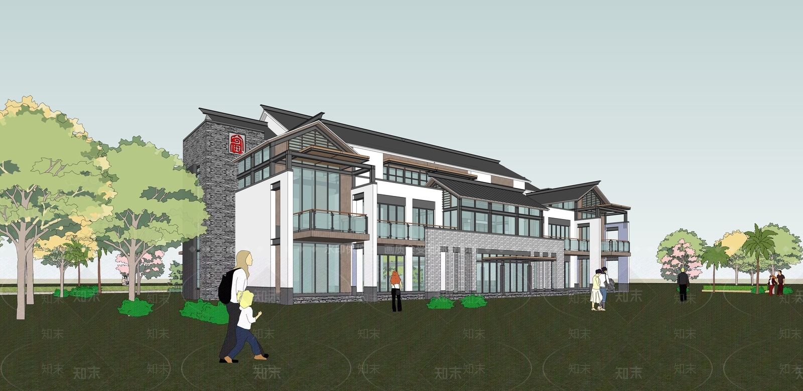 新中式展览馆建筑SU模型下载【ID:1131370027】