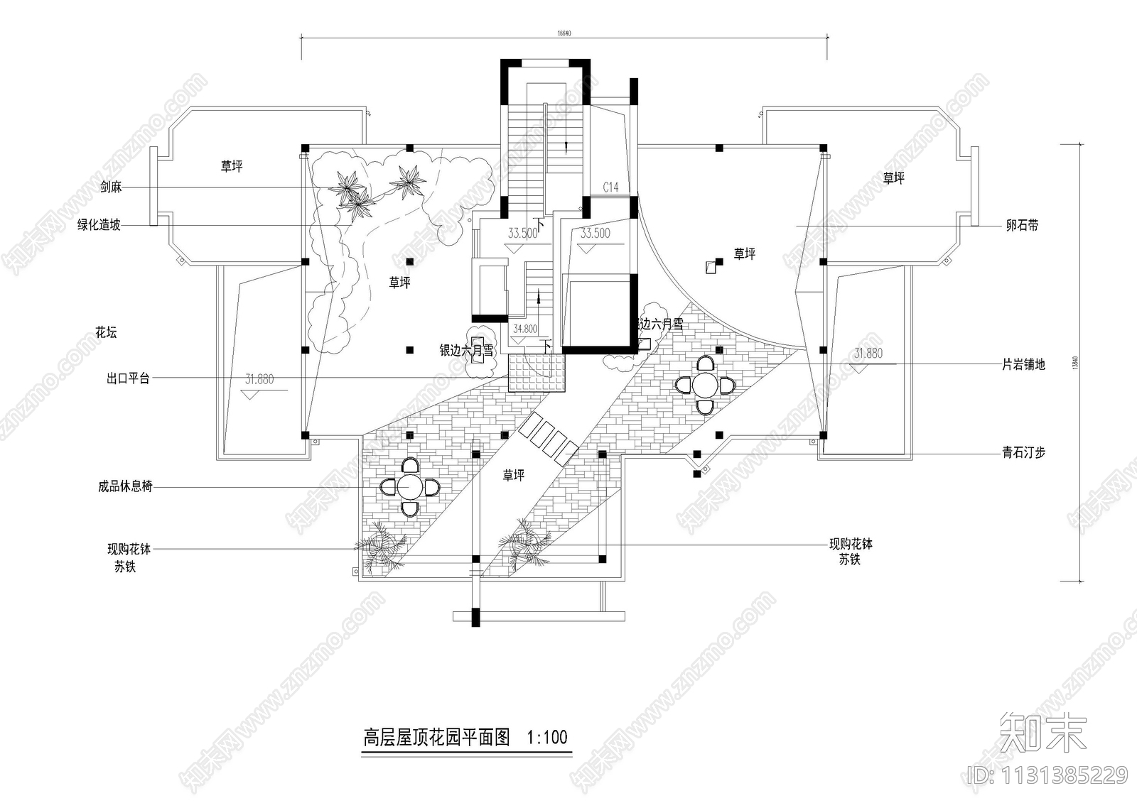 高层屋顶花园方案平面图施工图下载【ID:1131385229】