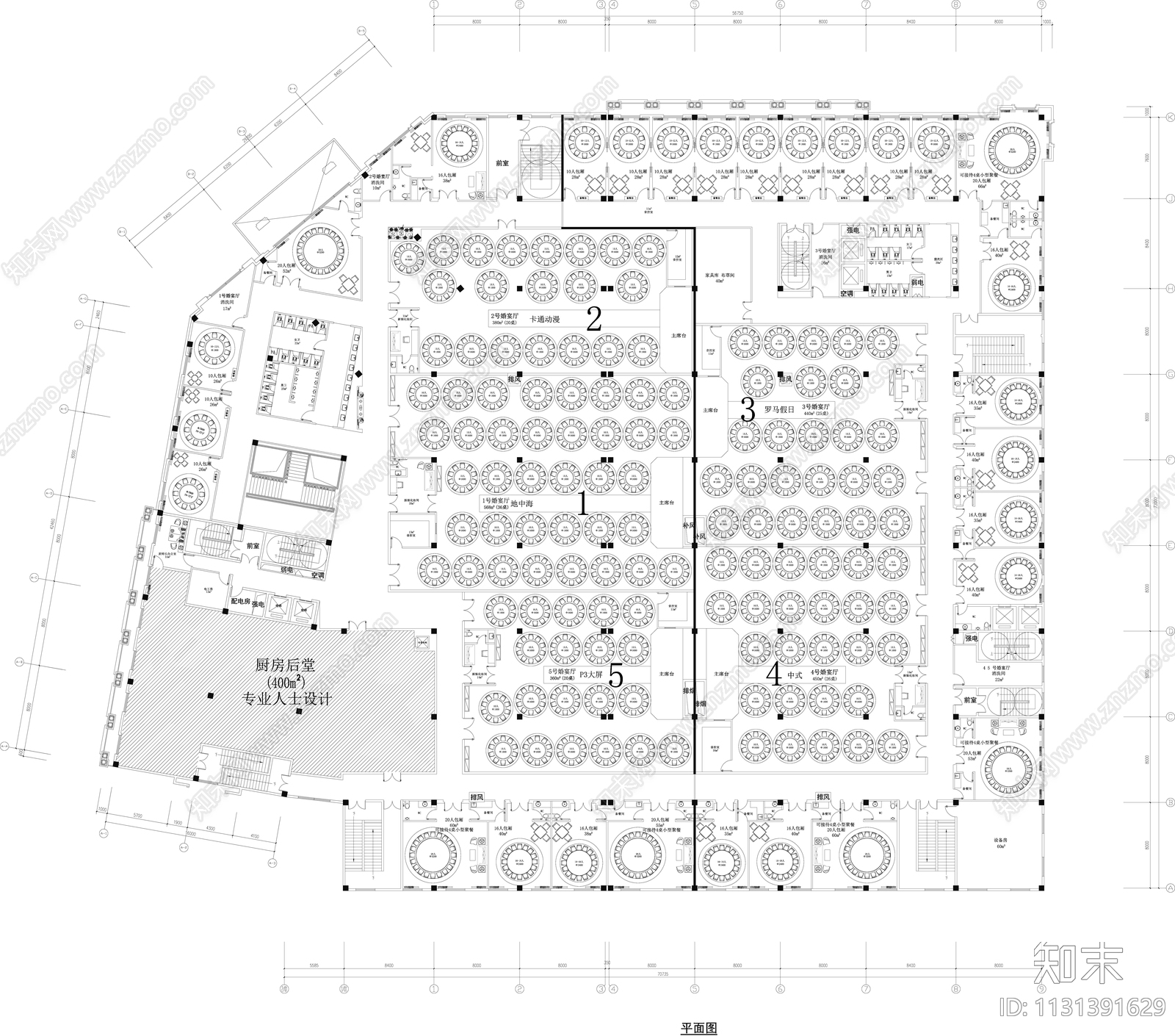 大型婚宴餐饮平面图施工图下载【ID:1131391629】