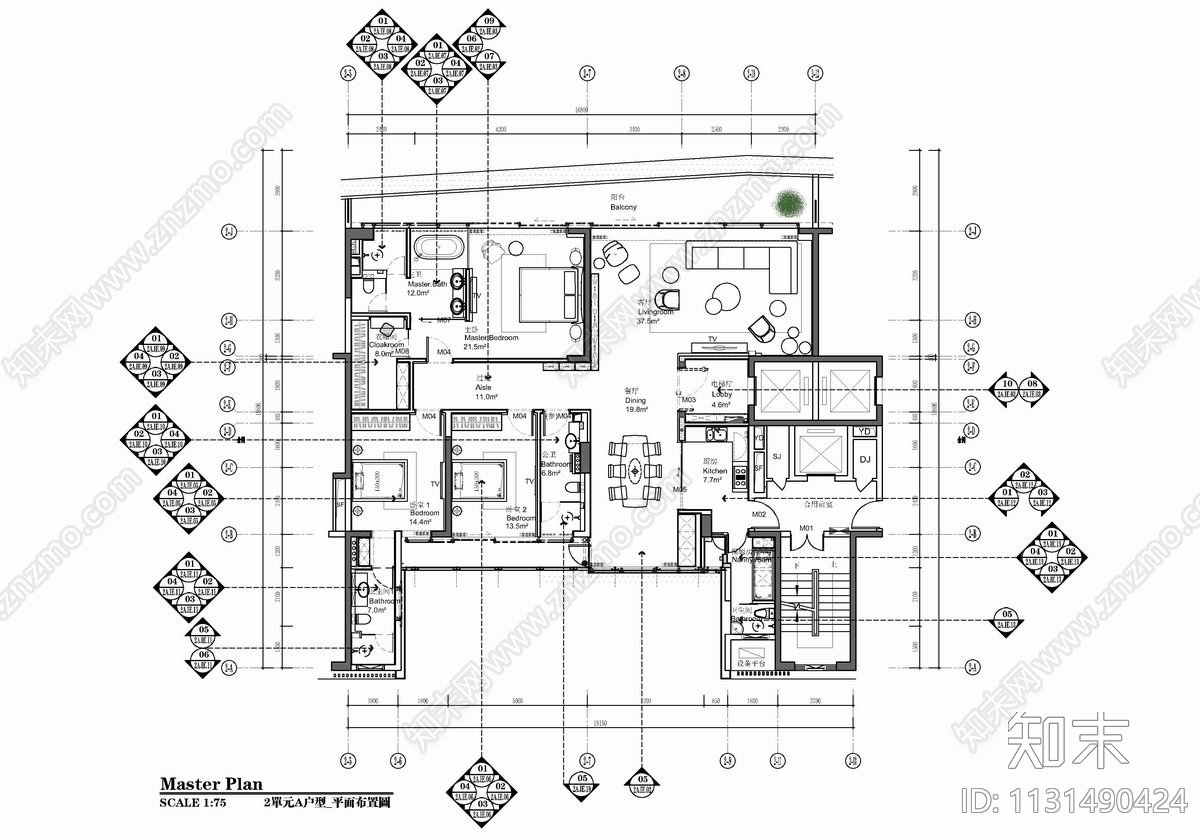 240㎡大平层豪宅样板房cad施工图下载【ID:1131490424】