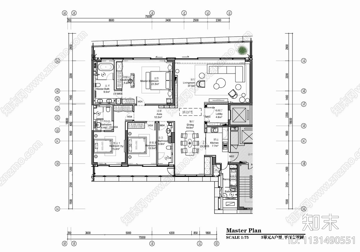 200㎡大平层豪宅样板房cad施工图下载【ID:1131490551】