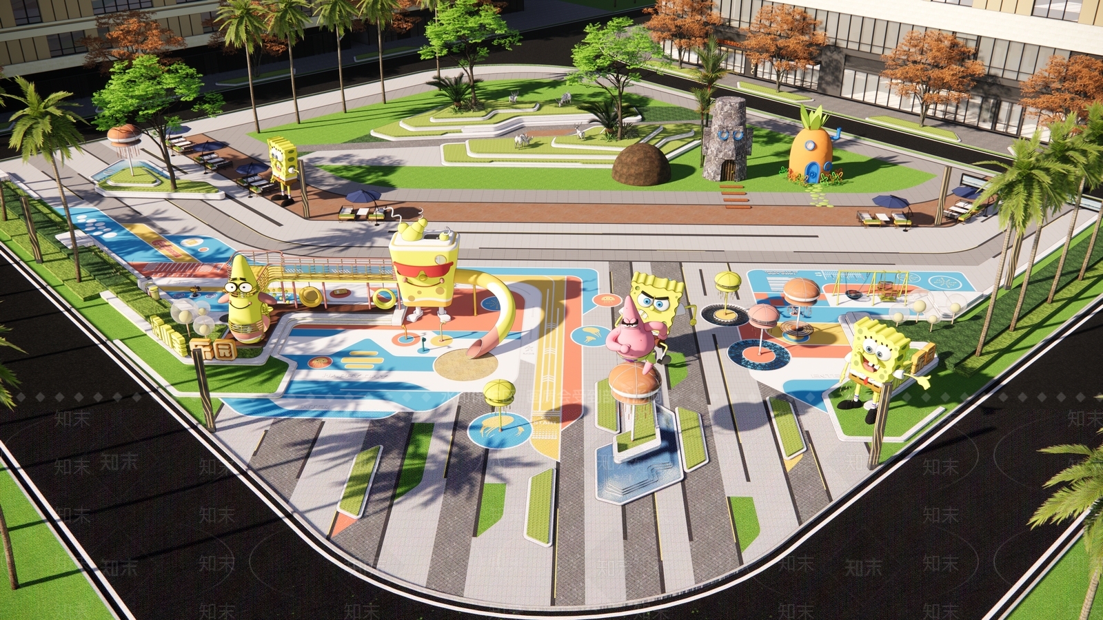 现代海绵宝宝胖大星主题儿童游乐公园SU模型下载【ID:1131495330】
