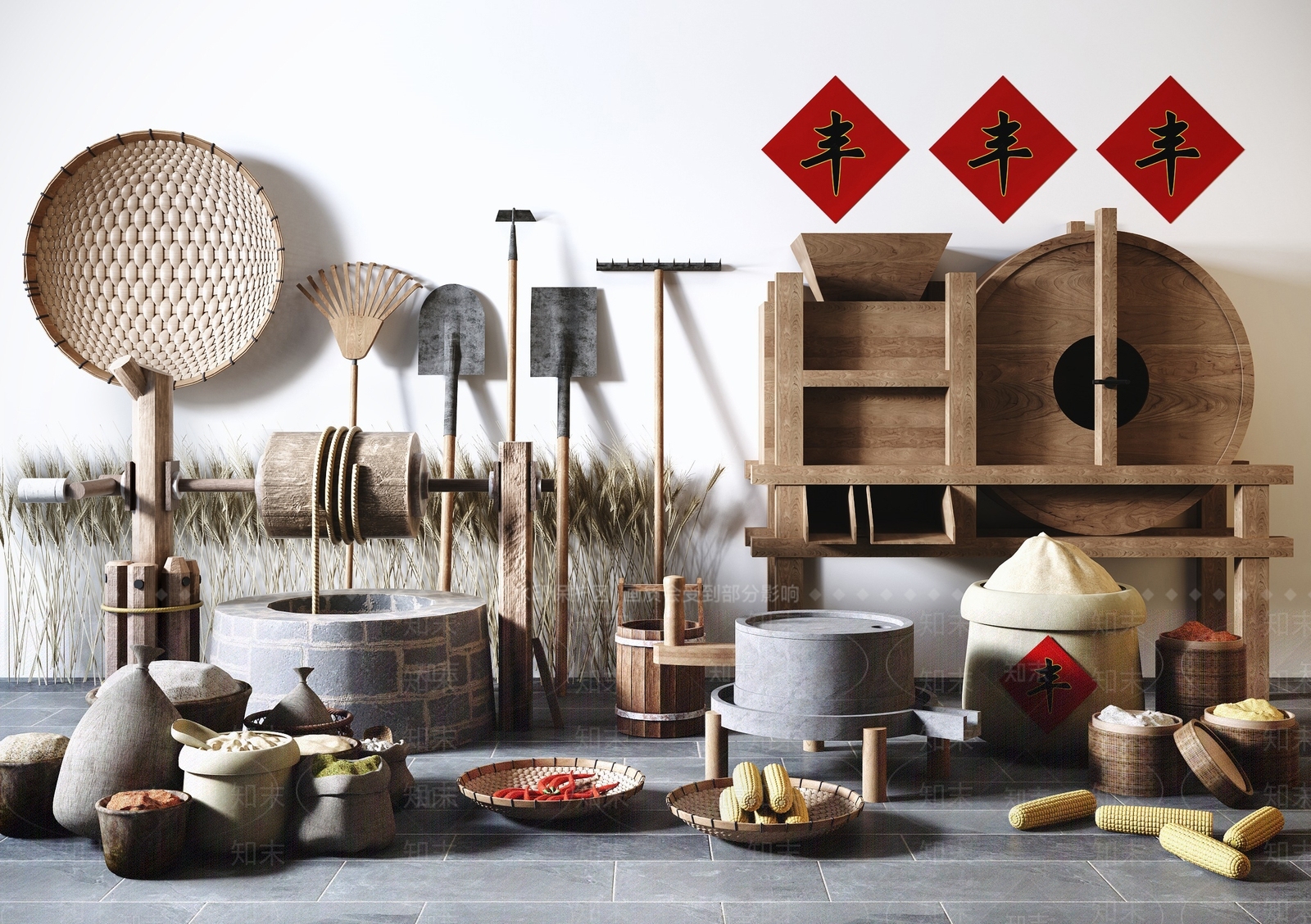 新中式农家乐农具小品SU模型下载【ID:1131510582】