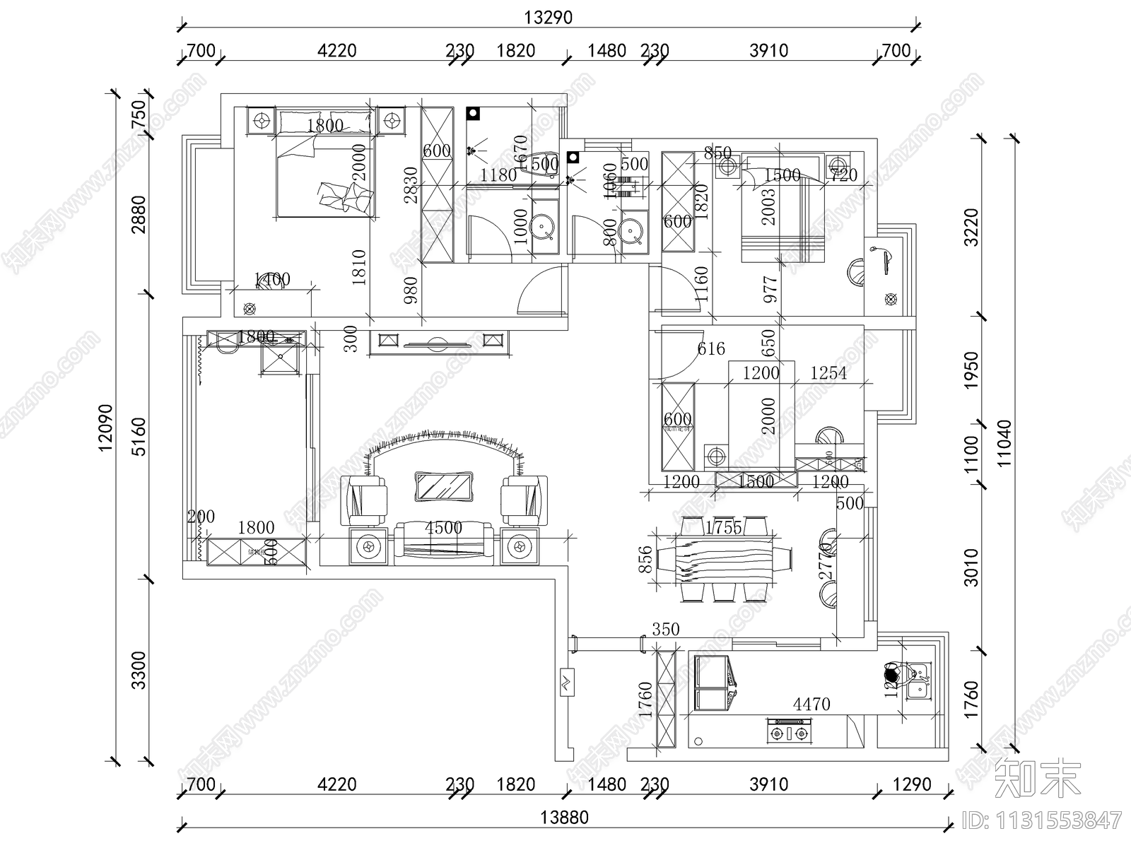 北欧平层家装cad施工图下载【ID:1131553847】