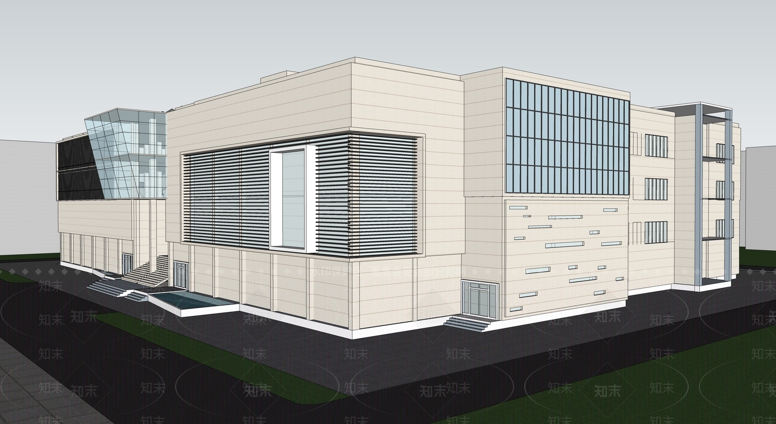 现代图书馆建筑SU模型下载【ID:1131559362】