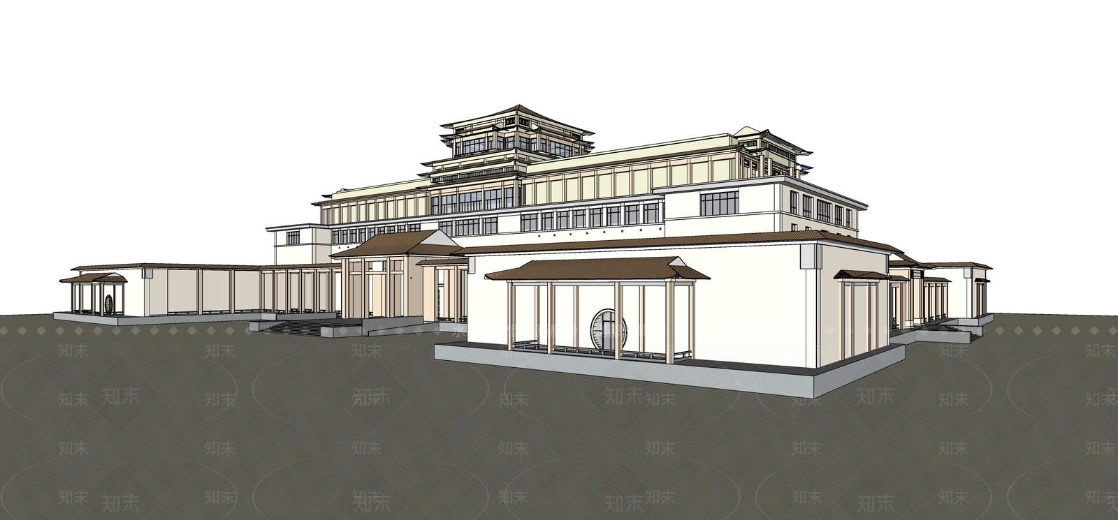 新中式美术馆建筑SU模型下载【ID:1131597681】