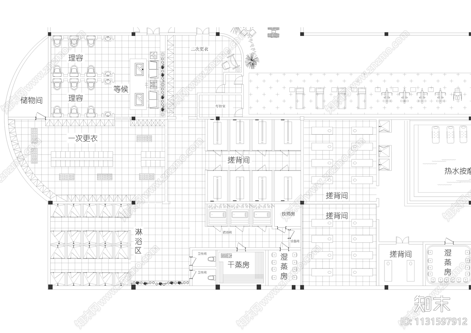 大型水疗城平面布置图cad施工图下载【ID:1131597912】